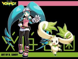 Rule 34 | belt, black eyes, digimon, digimon (creature), digivice, goggles, goggles on head, happy, hatsune miku, highres, horns, long ears, looking at viewer, smile, terriermon