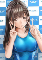 Rule 34 | 1girl, anegasaki nene, blue one-piece swimsuit, blush, breasts, brown eyes, brown hair, checkered background, double v, long hair, looking at viewer, love plus, mole, mole under eye, nannacy7, official style, one-piece swimsuit, smile, sofmap, sofmap background, solo, step and repeat, swimsuit, upper body, v