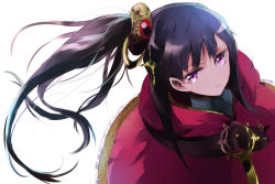 Rule 34 | 1girl, atelier (series), atelier totori, black hair, buckle, expressionless, female focus, hair ornament, long hair, maromi (am97), mimi houllier von schwarzlang, pink eyes, ponytail, shawl, solo, white background