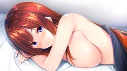 Rule 34 | 1girl, areola slip, bed sheet, blush, breast press, breasts, closed mouth, game cg, go-1, indoors, large breasts, long hair, looking at viewer, lying, mitsumiya miori, nude, on stomach, otome to fureau hitotsu yane no shita, purple eyes, red hair, smile, solo, straight hair, under covers, very long hair