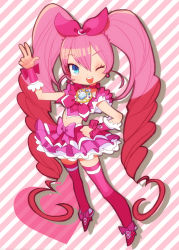 Rule 34 | 10s, 1girl, ;d, blue eyes, bow, brooch, chibi, choker, cure melody, dress, frills, full body, gathers, hair ribbon, hand on own hip, happy, heart, hip focus, houjou hibiki, jewelry, long hair, magical girl, makino (c-electro), masano, midriff, one eye closed, open mouth, pink bow, pink hair, pink thighhighs, precure, ribbon, shoes, smile, solo, suite precure, thighhighs, twintails, v, wink, wrist cuffs