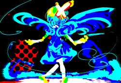 Rule 34 | 1girl, black background, blue dress, blue hair, blue wings, cirno, colorful, dress, fairy wings, female focus, from behind, full body, green footwear, green hair, multicolored hair, no socks, puffy short sleeves, puffy sleeves, shoes, short hair, short sleeves, simple background, solo, standing, touhou, two-tone hair, wings, yoshioka yoshiko