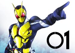 Rule 34 | 1boy, antennae, armor, character name, kamen rider, kamen rider 01 (series), kamen rider zero-one, male focus, pointing, rider belt, shoulder pads, solo, tsukikage oyama, upper body