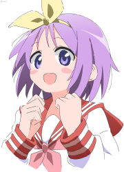 Rule 34 | 1girl, :d, absurdres, blush, commentary, cynical (llcbluckg c004), hairband, highres, hiiragi tsukasa, long sleeves, looking at viewer, lucky star, medium hair, neckerchief, open mouth, purple eyes, purple hair, red neckerchief, red sailor collar, ryouou school uniform, sailor collar, school uniform, serafuku, signature, simple background, smile, solo, upper body, white background, winter uniform, yellow hairband