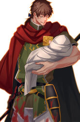 Rule 34 | 1boy, absurdres, belt, black belt, blood, blood on clothes, brown hair, cape, closed eyes, facial hair, fate/grand order, fate (series), goatee, green tabard, green tunic, grin, haruakira, hector (fate), highres, holding, holding baby, male focus, mature male, muscular, muscular male, orange outline, pants, ponytail, red cape, smile, tabard, white background, white pants