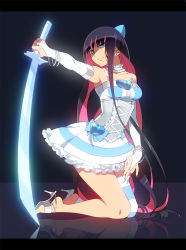 Rule 34 | 10s, 1girl, bow, colored inner hair, md5 mismatch, multicolored hair, murakami yuichi, panty &amp; stocking with garterbelt, single thighhigh, solo, stocking (psg), striped clothes, striped thighhighs, stripes i &amp; ii, sword, thighhighs, two-tone hair, weapon