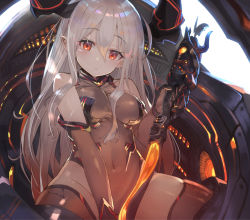 Rule 34 | 10s, 1girl, bare shoulders, breasts, cleavage, closed mouth, colo mag-chan, colossus (granblue fantasy), covered navel, draph, elbow gloves, expressionless, gloves, granblue fantasy, hair between breasts, hair between eyes, halterneck, head tilt, highleg, highleg leotard, holding, holding staff, horns, large breasts, leotard, long hair, looking at viewer, navel, original, piloting, pointy ears, red eyes, shiny clothes, shirabi, silver hair, skin tight, solo, staff, thighhighs, turtleneck, very long hair