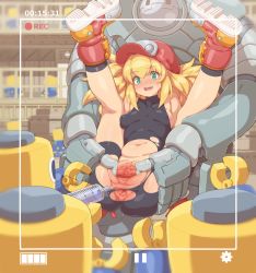 Rule 34 | 1girl, anus, areola slip, bare shoulders, bike shorts, blonde hair, blurry, blurry background, blush, boots, breasts, cabbie hat, capcom, censored, collarbone, commentary request, commission, covered erect nipples, dot nose, green eyes, hair between eyes, hat, highres, legs up, mega man (series), mega man legends (series), mosaic censoring, navel, open mouth, pixiv commission, pussy, recording, red footwear, red headwear, roll caskett (mega man), shorts, sidelocks, sleeveless, small breasts, spread pussy, sweatdrop, syringe, tareme, tenako (mugu77), torn clothes, viewfinder
