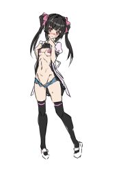 Rule 34 | 1girl, bikini, black hair, black thighhighs, blush, breasts, clothes lift, fujikawa daichi, full body, hair ribbon, lifted by self, long hair, looking at viewer, navel, open clothes, open shorts, pink bikini, red eyes, ribbon, senki zesshou symphogear, shirt lift, shorts, simple background, sketch, small breasts, smile, solo, swimsuit, thighhighs, tsukuyomi shirabe, twintails, white background