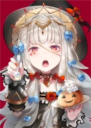 Rule 34 | 1girl, alternate costume, bird, blue bow, blunt bangs, bow, cake, cape, choker, circlet, collarbone, crown, dress, feh (fire emblem heroes), fire emblem, fire emblem heroes, flower, food, fork, gem, grey hair, hair bow, hair ornament, halloween costume, hat, highres, holding, lips, long hair, nail polish, nintendo, open mouth, owl, red bow, red eyes, red flower, red nails, red rose, ringozaka mariko, rose, simple background, solo, teeth, tongue, upper body, upper teeth only, veronica (fire emblem), witch hat