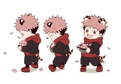 Rule 34 | 1boy, aged down, animal ears, black hair, black jacket, black pants, blush, bright pupils, brown eyes, cherry blossoms, child, closed eyes, closed mouth, facial mark, flower, full body, heart, highres, holding, holding flower, hood, hood down, itadori yuuji, jacket, jujutsu kaisen, kemonomimi mode, long sleeves, looking at viewer, male focus, open mouth, pants, pink flower, pink hair, red footwear, shoes, short hair, simple background, smile, spiked hair, standing, tail, tail wagging, tiger boy, tiger ears, tiger tail, tootigee, undercut, white background, white pupils