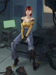 Rule 34 | 1girl, asymmetrical hair, bare shoulders, boots, breasts, cigarette, cleavage, collarbone, cyberpunk, cyborg, denim, full body, highres, holding, holding cigarette, holographic monitor, jeans, joints, large breasts, looking at viewer, machine, no bra, no legwear, off-shoulder sweater, off shoulder, original, pants, pants rolled up, prosthesis, prosthetic arm, prosthetic leg, red hair, repairing, robot joints, shoes, unworn shoes, short hair, sitting, smoking, solo, sweater, toes, torn clothes, torn jeans, torn pants, torn sweater, tyler law, undercut, yellow sweater