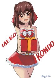 Rule 34 | 1girl, artist name, bare shoulders, belt, bow, brown eyes, brown hair, character name, christmas, commentary, cowboy shot, dress, gift, girls und panzer, hat, headband, highres, holding, holding gift, kondou taeko, kuroneko douji, looking at viewer, medium hair, open mouth, red dress, red headband, santa dress, santa hat, short dress, signature, simple background, smile, solo, standing, strapless, strapless dress, white background, white belt, white bow