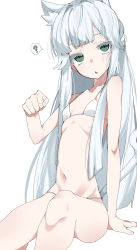 Rule 34 | 1girl, ?, animal ears, arknights, bare shoulders, bikini, blue hair, blush, breasts, cat ears, eyelashes, green eyes, highres, long hair, navel, open mouth, paw pose, rosmontis (arknights), signal 1120, simple background, sitting, small breasts, solo, spoken question mark, swimsuit, white background, white bikini