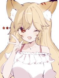 Rule 34 | 1girl, animal ear fluff, animal ears, blonde hair, cat ears, cat girl, collarbone, commentary, commission, english commentary, frilled shirt, frills, indie virtual youtuber, kitanya nyanta, looking to the side, off-shoulder shirt, off shoulder, one eye closed, portrait, potowari, red eyes, second-party source, shirt, skeb commission, smile, solo, v, virtual youtuber, white background, white shirt