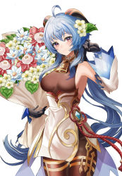 Rule 34 | 1girl, absurdres, ahoge, bare shoulders, bell, black gloves, blue flower, blue hair, blush, bouquet, breasts, brown pantyhose, chinese knot, detached sleeves, flower, flower knot, ganyu (genshin impact), genshin impact, glaze lily, gloves, gold trim, hair flower, hair ornament, highres, horns, kinyouny, long hair, looking at viewer, medium breasts, neck bell, pantyhose, purple eyes, qingxin flower, red flower, sidelocks, silk flower (genshin impact), smile, solo, tassel, thigh gap, thighlet, vision (genshin impact), white background, white flower, white sleeves