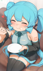 Rule 34 | 1girl, :t, abmayo, absurdres, black skirt, black sleeves, black thighhighs, blush, cake, chewing, closed eyes, closed mouth, collared shirt, commentary, couch, detached sleeves, english commentary, food, fork, green eyes, green hair, green nails, green necktie, grey shirt, hatsune miku, heart, highres, holding, holding fork, holding plate, long hair, miniskirt, nail polish, necktie, open mouth, plate, pleated skirt, shirt, sitting, skirt, smile, solo, thighhighs, twintails, vocaloid