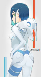 Rule 34 | 10s, 1girl, aosora kamiya, ass, blue hair, bodysuit, breasts, closed mouth, copyright name, cowboy shot, darling in the franxx, expressionless, from behind, green eyes, grey background, hair ornament, hair over one eye, hairclip, highres, ichigo (darling in the franxx), logo, looking at viewer, looking back, medium breasts, pilot suit, shiny clothes, short hair, skin tight, solo, standing, white bodysuit