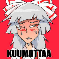 Rule 34 | 1girl, blush, bow, commentary, female focus, finnish text, fujiwara no mokou, hair bow, lowres, red eyes, ribbon, setz, solo, sweat, touhou, translated