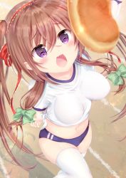 Rule 34 | 1girl, arms behind back, blurry, blush, bow, bread eating race, breasts, brown hair, buruma, collarbone, crossed bangs, depth of field, fang, from above, green bow, gym uniform, hair between eyes, hair bow, hair ribbon, large breasts, long hair, low twintails, maruma (maruma gic), midriff, moe2017, navel, open mouth, original, outdoors, purple eyes, quad tails, red ribbon, ribbon, shirt, solo, sports festival, thighhighs, thighs, tied shirt, twintails, white thighhighs