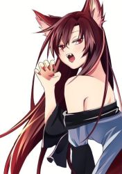Rule 34 | 1girl, animal ears, bare shoulders, brown hair, claw pose, fangs, fingernails, hair between eyes, half-closed eyes, hand up, imaizumi kagerou, long fingernails, long hair, looking at viewer, nail polish, off shoulder, open mouth, red eyes, red nails, simple background, solo, teeth, touhou, very long hair, white background, wolf ears, yui (yuyu ayame)