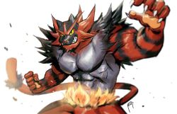 Rule 34 | abs, absurdres, biceps, claws, clenched hand, colored sclera, commentary, creatures (company), english commentary, fire, furry, game freak, gen 7 pokemon, green eyes, highres, incineroar, muscular, muscular male, nick300, nintendo, pectorals, pokemon, pokemon (creature), sharp teeth, solo, tail, teeth, white background, yellow sclera