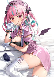 Rule 34 | 1girl, :p, absurdres, ahoge, bandaged leg, bandages, bandaid, bandaid on arm, bandaid on neck, bed sheet, black bow, blue hair, blush, bow, breasts, chest harness, cleavage, closed mouth, colored inner hair, commentary request, detached wings, drill hair, ear piercing, fang, fang out, gloves, hair bow, hair ornament, harness, hat, highres, holding, holding mask, holding syringe, hololive, jacket, kito koruta, long hair, looking at viewer, lying, mask, medium breasts, minato aqua, minato aqua (school uniform), mouth mask, multicolored hair, nurse cap, on side, open clothes, open jacket, piercing, pink hair, pink hat, pink jacket, pink skirt, red eyes, short sleeves, signature, simple background, skin fang, skirt, smile, solo, syringe, thighhighs, thighs, tongue, tongue out, twin drills, two side up, unworn mask, virtual youtuber, white background, white gloves, white thighhighs, wings, yami kawaii