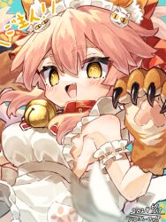 1girl animal_ear_fluff animal_ears animal_hands apron bell bow breasts cat_hair_ornament fang fate/grand_order fate_(series) fox_ears fox_girl fox_tail gloves hair_between_eyes hair_bow hair_ornament haronin_fukke jingle_bell long_hair looking_at_viewer maid_headdress medium_breasts naked_apron neck_bell open_mouth paw_gloves pink_hair ponytail red_bow solo tail tamamo_(fate) tamamo_cat_(fate) tamamo_cat_(third_ascension)_(fate) yellow_eyes