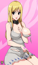 Rule 34 | 1girl, absurdres, arm between breasts, between breasts, blonde hair, blush, breasts, collar, dress, fairy tail, highres, key, kyoffie, large breasts, lucy heartfilia, nipple slip, nipples, slave, tattoo, tearing clothes, torn clothes