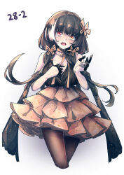 Rule 34 | 1girl, black gloves, black hair, breasts, cleavage, commentary, cowboy shot, frilled skirt, frills, girls&#039; frontline, gloves, hair ornament, half gloves, hand on own chest, heterochromia, highres, lone exiler, long hair, looking at viewer, medium breasts, multicolored hair, official alternate costume, open mouth, pantyhose, red eyes, ro635 (enforcer of the law) (girls&#039; frontline), ro635 (girls&#039; frontline), skirt, solo, streaked hair, twintails, white background, white hair, yellow eyes, yellow skirt