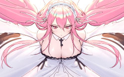 Rule 34 | 1girl, angel wings, arms behind back, azur lane, bare shoulders, blush, breasts, cleavage, closed mouth, dress, hair between eyes, hair ornament, large breasts, long hair, looking down, maid headdress, perseus (azur lane), pink eyes, pink hair, seiza, sitting, siun, solo, twintails, upper body, very long hair, white background, white dress, wings