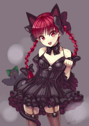 Rule 34 | 1girl, :d, alternate costume, animal ears, bare shoulders, black thighhighs, blush, bow, bowtie, braid, breasts, cat ears, cat tail, choker, contrapposto, detached sleeves, dress, extra ears, fang, garter straps, gothic lolita, hair bow, hair ribbon, kaenbyou rin, lolita fashion, long hair, looking at viewer, medium breasts, open mouth, paw pose, pinstripe pattern, pointy ears, red eyes, red hair, reiuji utsuho, reiuji utsuho (bird), revision, ribbon, simple background, smile, solo, standing, striped, tail, thighhighs, touhou, touya (the-moon), twin braids, twintails, zettai ryouiki
