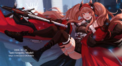 Rule 34 | 1girl, :d, angelina (arknights), angelina (distinguished visitor) (arknights), animal ears, arknights, bare shoulders, belt, black footwear, black gloves, black leotard, black thighhighs, boots, breasts, brown hair, clenched hand, coat, dated, fox ears, gloves, great lungmen logo, hairband, hand up, highres, holding, holding staff, leotard, long hair, looking at viewer, medium breasts, off shoulder, official alternate costume, open clothes, open coat, open mouth, pouch, red coat, red eyes, red hairband, sidelocks, smile, solo, staff, tatsuya (dh-tatsuya), thighhighs, thighs, very long hair, white belt