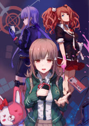 Rule 34 | 3girls, animal ears, backpack, bag, bare legs, beige skirt, black gloves, blood, blue eyes, bow, breasts, brown hair, cleavage, colored skin, commentary request, controller, danganronpa: trigger happy havoc, danganronpa (series), danganronpa 2: goodbye despair, danganronpa 3 (anime), ear bow, ear ribbon, enoshima junko, flipped hair, game controller, gloves, hair ornament, hair ribbon, hairclip, handheld game console, hfp~kubiao, highres, holding, holding knife, jacket, kirigiri kyoko, knife, large breasts, long hair, looking at viewer, looking to the side, monokuma, monomi (danganronpa), multicolored skin, multiple girls, nanami chiaki, necktie, notebook, open mouth, pink blood, pink eyes, pink hair, pink ribbon, plaid, plaid skirt, pleated skirt, purple eyes, purple hair, red ribbon, red skirt, ribbon, school uniform, shirt, short hair, skirt, sleeves rolled up, smile, spoilers, twintails, two-tone neckwear, two-tone skin, upper body