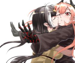 Rule 34 | 2girls, bad id, bad twitter id, black hair, kissing cheek, closed mouth, commentary request, girls&#039; frontline, highres, hug, kiss, korean commentary, m4 sopmod ii (girls&#039; frontline), single mechanical hand, multiple girls, one-piece swimsuit, pink hair, red eyes, ro635 (girls&#039; frontline), sd bigpie, swimsuit, yuri