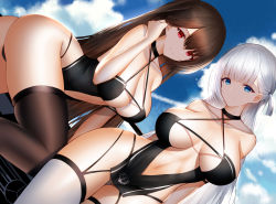 Rule 34 | 2girls, absurdres, alternate costume, an yasuri, ass, azur lane, bare arms, bare shoulders, black panties, blue eyes, blue sky, breasts, breasts apart, brown hair, brown legwear, cleavage, closed mouth, cloud, collarbone, commentary request, criss-cross halter, day, dutch angle, hair between eyes, halterneck, hand up, highres, large breasts, leaning forward, long hair, looking at viewer, multiple girls, navel, one side up, outdoors, panties, race queen, red eyes, revealing clothes, shoukaku (azur lane), shoukaku (sororal wings) (azur lane), sky, smile, thighhighs, underwear, very long hair, white hair, white legwear, white panties, zuikaku (azur lane), zuikaku (the wind&#039;s true name) (azur lane)