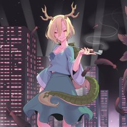 Rule 34 | 1girl, absurdres, antlers, blonde hair, breasts, building, closed mouth, collarbone, dragon horns, dragon tail, feathers, green skirt, hair between eyes, highres, horns, kawayabug, kicchou yachie, kiseru, long sleeves, looking at viewer, red eyes, scales, short hair, skirt, small breasts, smile, smoking pipe, solo, tail, touhou, touhou calamity, turtle shell