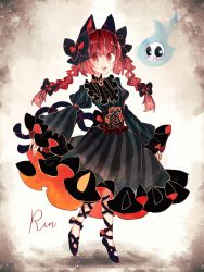 Rule 34 | 1girl, animal ears, black dress, blue fire, bow, braid, cat ears, cat tail, character name, corset, dress, fang, fire, frills, gem, ghost, glowing, glowing eyes, gothic lolita, grey background, highres, hitodama, kaenbyou rin, leg ribbon, lolita fashion, multiple tails, one-hour drawing challenge, open mouth, puffy sleeves, ratto (mobilis 1870), red eyes, ribbon, simple background, skull, slit pupils, smile, solo, sparkle background, standing, striped clothes, striped dress, tail, touhou, twin braids, two tails