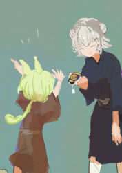 Rule 34 | 2girls, absurdres, alternate costume, arms up, blue kimono, blush, brown kimono, cevio, closed eyes, commentary request, double bun, excited, facing away, feet out of frame, giving, green background, green hair, grey hair, hair bun, hair ornament, hairclip, height difference, highres, holding, inrou, japanese clothes, kabuyama kaigi, kimono, koharu rikka, leaning forward, long hair, low ponytail, multiple girls, open mouth, short hair, short kimono, short sleeves, simple background, smile, standing, synthesizer v, voicevox, yukata, zundamon
