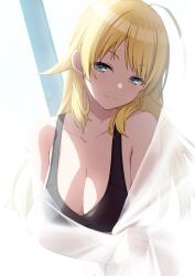 Rule 34 | 1girl, ahoge, amochin, bare shoulders, black bra, blonde hair, blue eyes, blush, bra, breasts, cleavage, closed mouth, collarbone, commentary request, curtain grab, curtains, hachimiya meguru, half-closed eyes, highres, idolmaster, idolmaster shiny colors, large breasts, long hair, looking at viewer, smile, solo, transparent, underwear, underwear only
