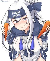 Rule 34 | 1girl, :q, absurdres, ainu clothes, blue eyes, blue headband, blush, breasts, carrot, cropped jacket, dress, covered erect nipples, folded ponytail, hair between eyes, headband, highres, kamoi (kancolle), kantai collection, kiritto, large breasts, long hair, long sleeves, looking at viewer, pelvic curtain, sideboob, sleeveless, sleeveless dress, smile, solo, thick eyebrows, tongue, tongue out, white dress, white hair, wrist guards