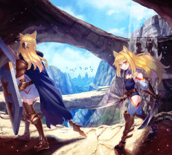Rule 34 | 2girls, :o, animal ears, armor, armored boots, bad id, bad pixiv id, belt, bird, black leotard, blonde hair, blue cape, blue sky, boots, braid, breasts, brown armor, brown belt, cape, cloud, cloudy sky, commentary request, day, dual wielding, facing away, floating hair, french braid, full body, gauntlets, gem, hair between eyes, hair intakes, hair ornament, highres, holding, holding polearm, holding spear, holding sword, holding weapon, hood, hood down, hooded cape, kaina (tsubasakuronikuru), landscape, leotard, light particles, long hair, long sleeves, looking at viewer, looking to the side, moss, multiple girls, orange eyes, original, outdoors, pauldrons, polearm, shade, shadow, shield, shoulder armor, sidelocks, silhouette, sky, small breasts, spear, standing, strapless, strapless leotard, sword, tsurime, walking, water, waterfall, weapon, wing collar