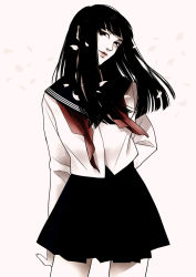 Rule 34 | 1girl, arm behind back, black eyes, black hair, black sailor collar, black skirt, cowboy shot, crazy, hand on back, hiakko, hime cut, limited palette, long hair, long sleeves, looking at viewer, looking to the side, neckerchief, original, pale skin, petals, pink lips, pleated skirt, red neckerchief, sailor collar, school uniform, serafuku, simple background, skirt, solo, spot color, untied, white background, white serafuku, yandere