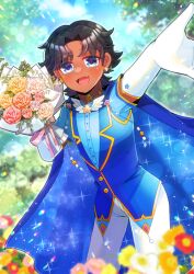 Rule 34 | 1girl, :d, black hair, blue jacket, blue shirt, blurry, blurry background, blurry foreground, blush, bouquet, commission, copyright request, dark-skinned female, dark skin, depth of field, earrings, elbow gloves, fangs, flower, gloves, holding, holding bouquet, jacket, jewelry, kou hiyoyo, leaning forward, looking at viewer, open mouth, pants, parted bangs, pink flower, pink rose, red flower, rose, shirt, short sleeves, skeb commission, smile, solo, standing, star (symbol), star earrings, virtual youtuber, white flower, white gloves, white pants, white rose, yellow flower, yellow rose
