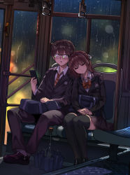 Rule 34 | 1boy, 1girl, bag, black footwear, black jacket, blouse, blush, bow, bowtie, brown hair, cellphone, chinese commentary, commentary request, formal, glasses, hair ornament, holding, holding phone, jacket, leaning on person, loafers, long hair, original, outdoors, partial commentary, phone, revision, shirt, shoes, short hair, sitting, sleeping, sleeping on person, thighhighs, umbrella, white shirt, yewang19