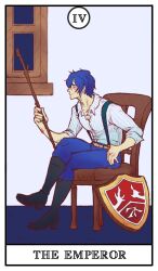 Rule 34 | 1boy, adam moonlit, black footwear, blue eyes, blue hair, blue pants, boots, chair, coat of arms, collarbone, crossed legs, evillious nendaiki, from side, full body, highres, holding, holding staff, holding stick, kaito (vocaloid), knee boots, looking to the side, lorehappy, male focus, moonlit bear (vocaloid), open clothes, open collar, open shirt, pants, profile, shield, shirt, short hair, sitting, smile, solo, staff, stick, striped clothes, striped shirt, suspenders, tarot, tarot (medium), the emperor (tarot), unbuttoned, unbuttoned shirt, vocaloid, window