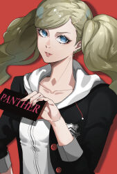 Rule 34 | 1girl, black jacket, blazer, blonde hair, blue eyes, card, collarbone, commentary, earrings, english commentary, english text, eroka404, hair ornament, hairclip, hand up, highres, holding, holding card, hood, hood down, hoodie, jacket, jewelry, lips, long hair, looking at viewer, open clothes, open jacket, parted lips, persona, persona 5, red background, red lips, school uniform, shirt, shuujin academy school uniform, simple background, solo, stud earrings, takamaki anne, twintails, upper body, white hoodie, zipper pull tab