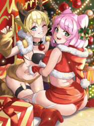 Rule 34 | 2girls, absurdres, animal costume, antlers, bell, bikini, blonde hair, blue eyes, blush, boots, bow, bra, breast press, breasts, capelet, christmas, christmas present, christmas tree, collar, cone hair bun, double bun, fake antlers, fishnet thighhighs, fishnets, fur-trimmed boots, fur-trimmed capelet, fur-trimmed gloves, fur trim, gift, gloves, green eyes, grin, hair bow, hair bun, hat, high heel boots, high heels, highres, hiromusan, horns, jingle bell, large breasts, looking at viewer, looking back, multiple girls, o-ring, o-ring thigh strap, one eye closed, open mouth, original, panties, pink hair, reindeer antlers, reindeer costume, santa costume, santa hat, sitting, smile, swimsuit, symmetrical docking, thigh strap, thighhighs, underwear, wariza
