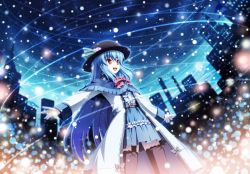 Rule 34 | 1girl, :d, akashio (loli ace), alternate costume, belt, black thighhighs, blue hair, bow, bowtie, building, capelet, cityscape, dress, female focus, garter straps, gloves, hat, hinanawi tenshi, long hair, open mouth, outstretched arms, red eyes, short hair, skirt, sky, smile, snow, snowing, solo, thighhighs, touhou, very long hair