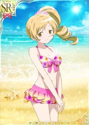 Rule 34 | 10s, 1girl, alternate hairstyle, artist request, beach, bikini, blonde hair, breasts, card (medium), cleavage, day, mahou shoujo madoka magica, mahou shoujo madoka magica plus, medium breasts, official art, side ponytail, solo, swimsuit, tomoe mami, trading card, yellow eyes